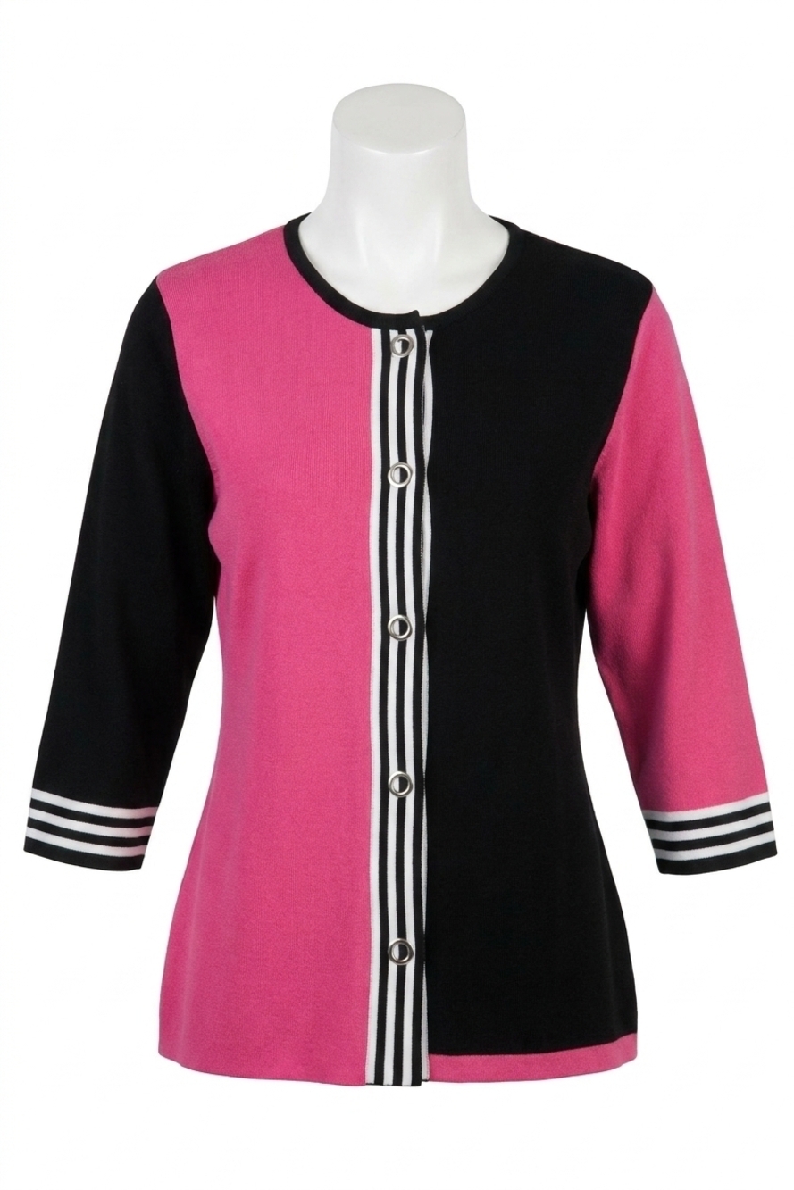 NEW ANGEL striped placket cardigan in black/fuchsia